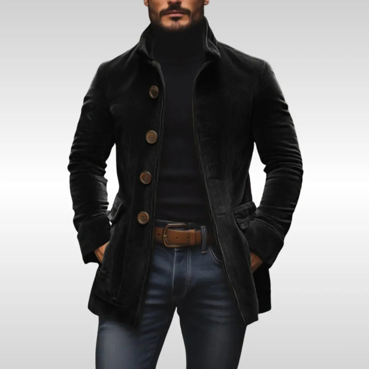 Men's Slim-Fit Corduroy Mens Wool Coat Stand-Collar Button-Up Jacket