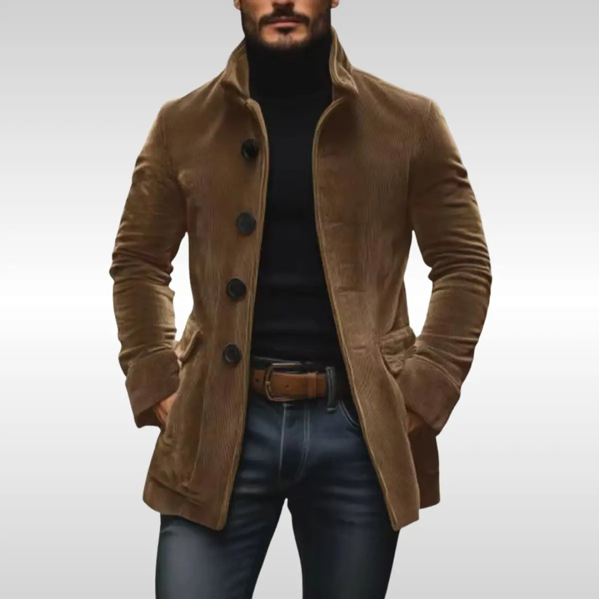 Men's Slim-Fit Corduroy Mens Wool Coat Stand-Collar Button-Up Jacket