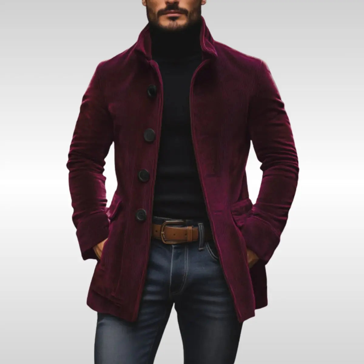 Men's Slim-Fit Corduroy Mens Wool Coat Stand-Collar Button-Up Jacket