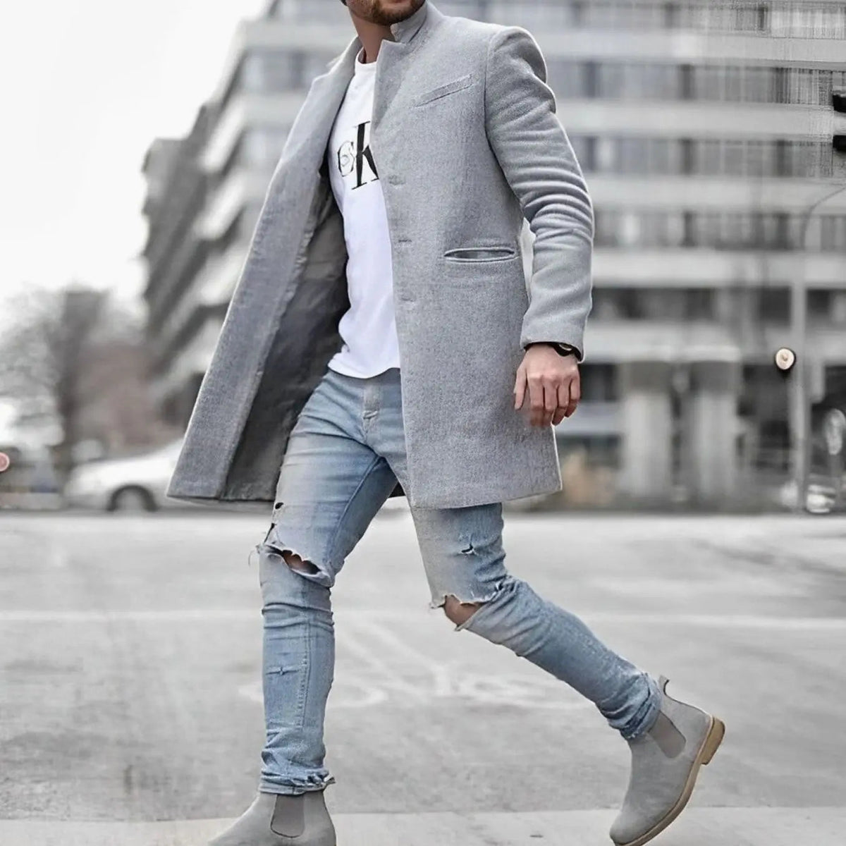 Men's Slim-Fit Stand-Collar Mid-Length Wool-Blend Overcoat
