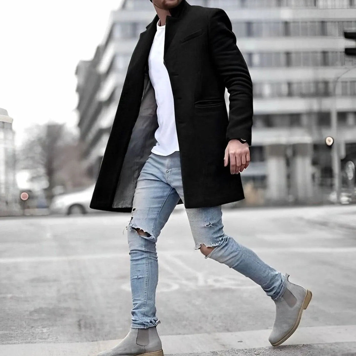Men's Slim-Fit Stand-Collar Mid-Length Wool-Blend Overcoat