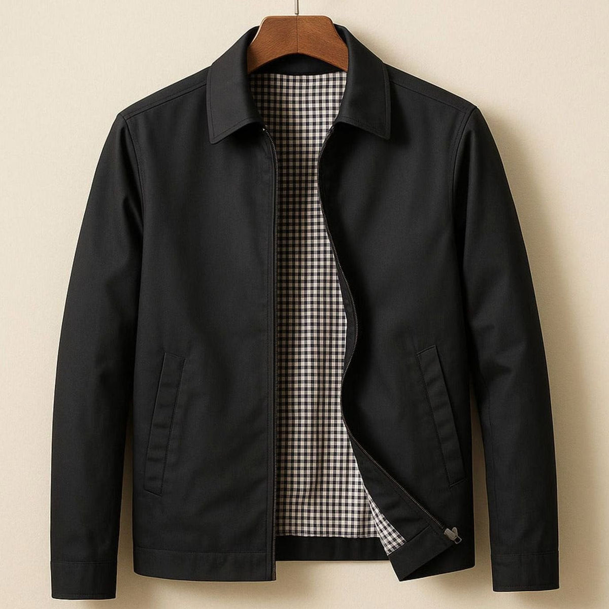 Men's Smart-Casual Harrington Jacket Checked Lining Zip-Front