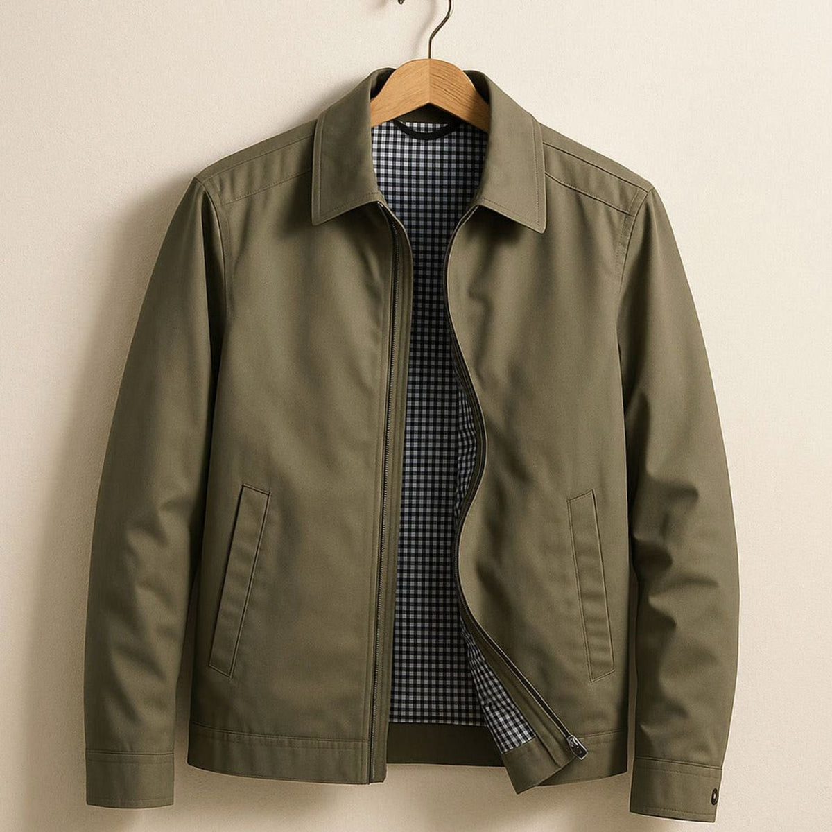 Men's Smart-Casual Harrington Jacket Checked Lining Zip-Front