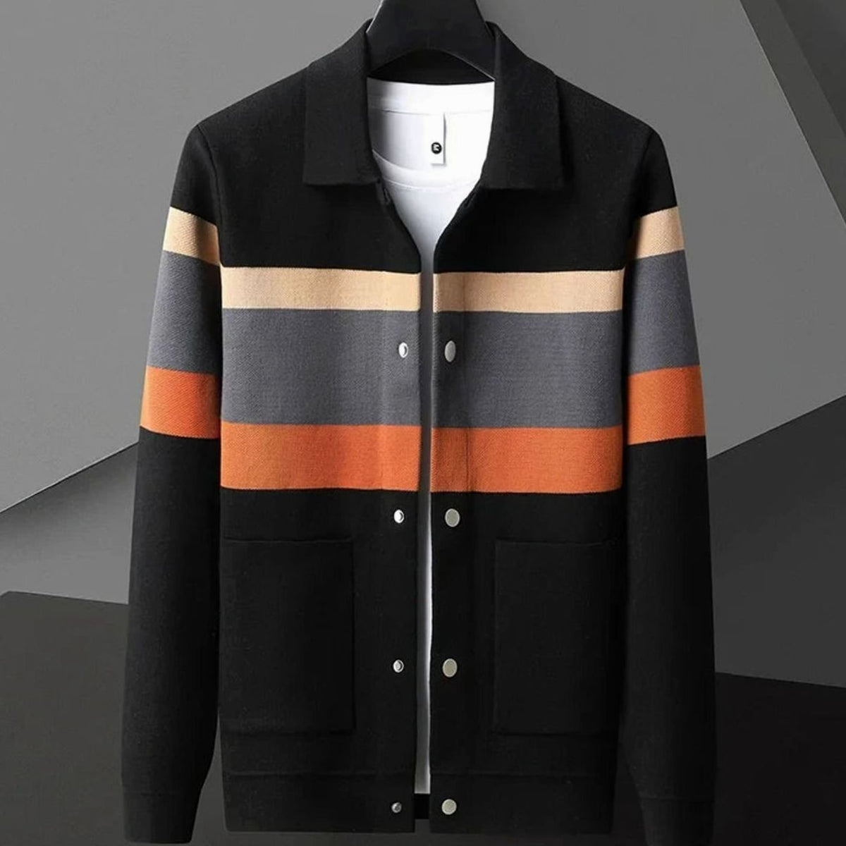 Men's Striped Heavyweight Cotton Knit Button-Front Cardigan Jacket