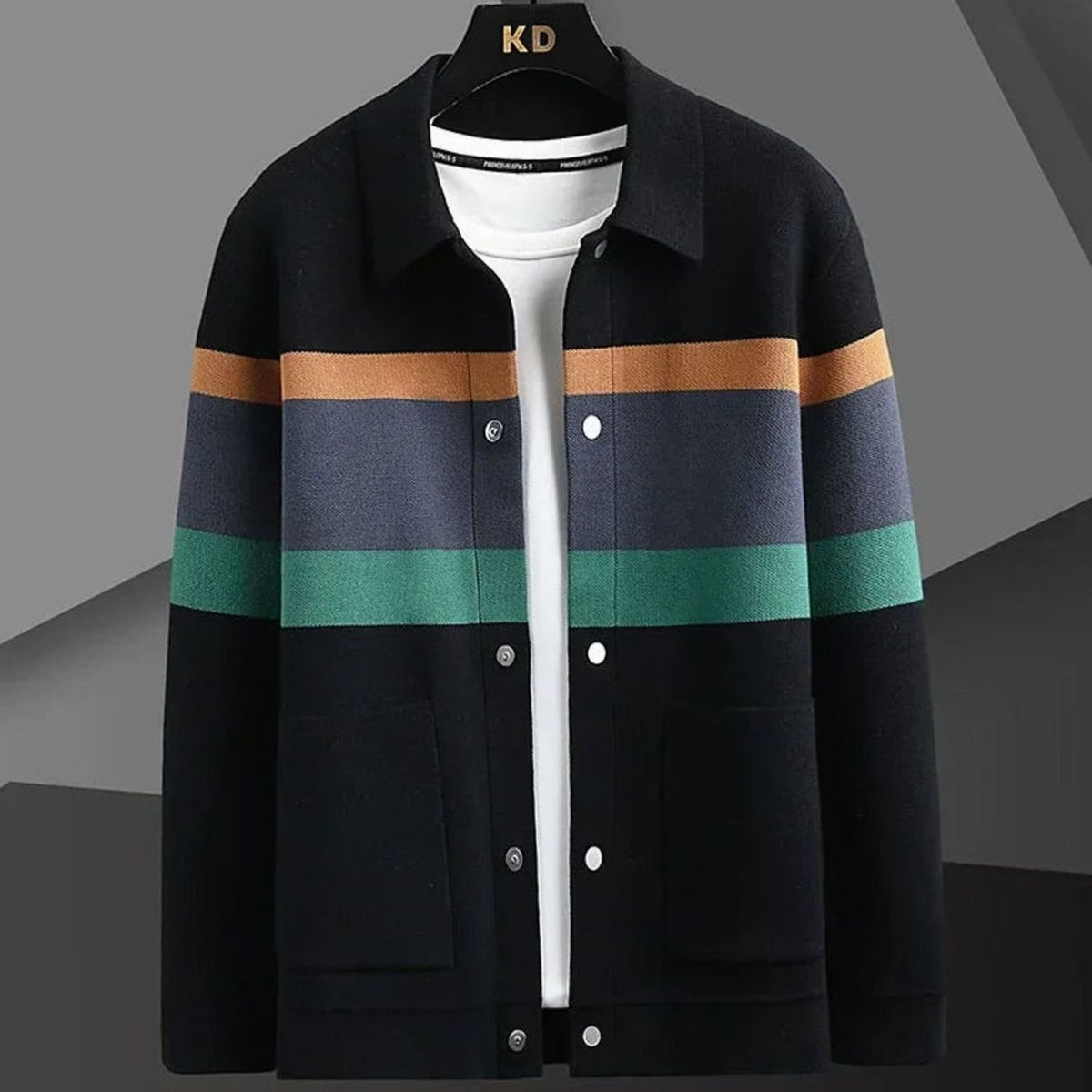 Men's Striped Heavyweight Cotton Knit Button-Front Cardigan Jacket