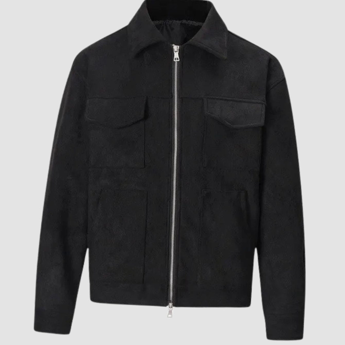 Men's Suede-Look Zip-Up Trucker Jacket Shirt Collar