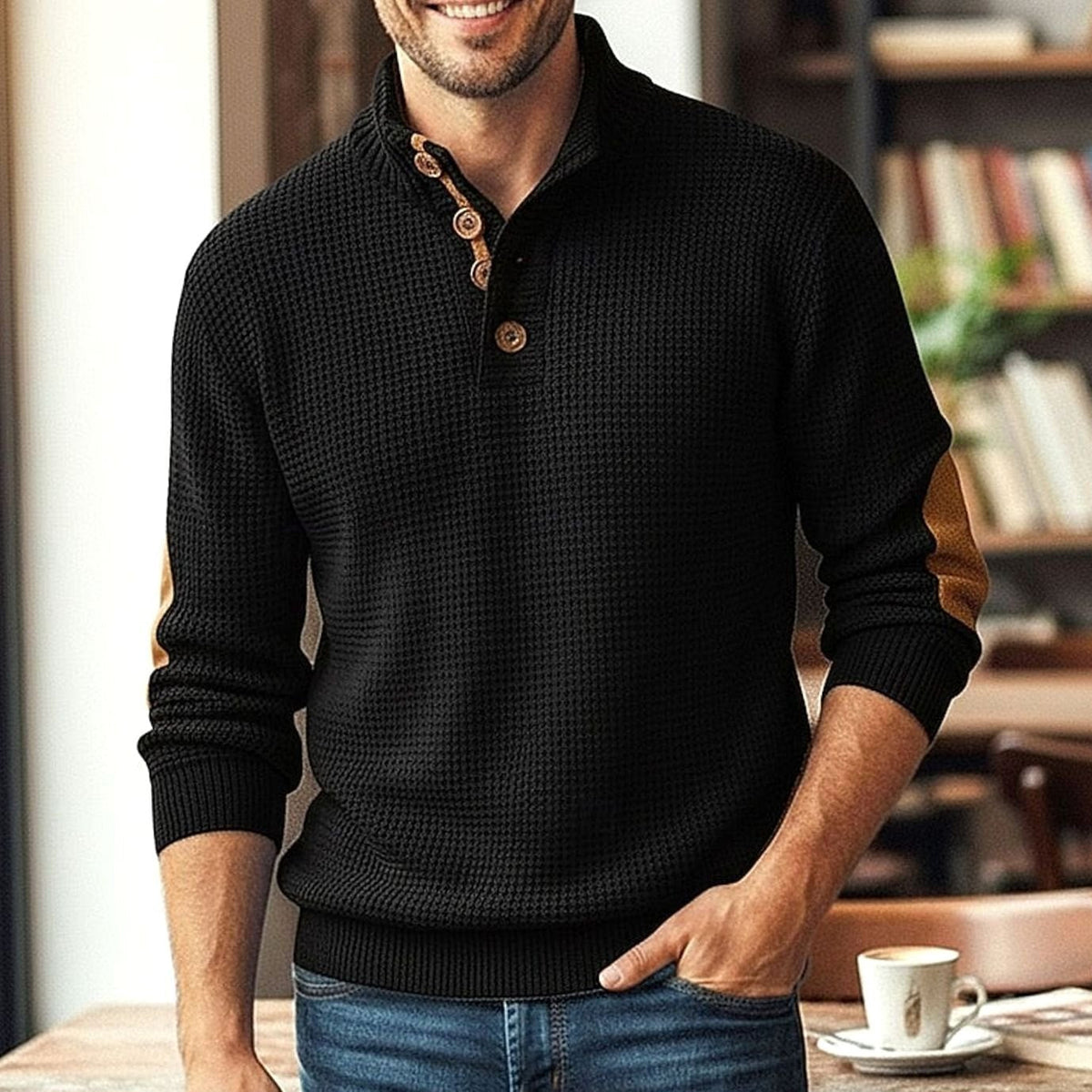 Men's Waffle-Knit Button-Neck Elbow-Patch Pullover Jumper