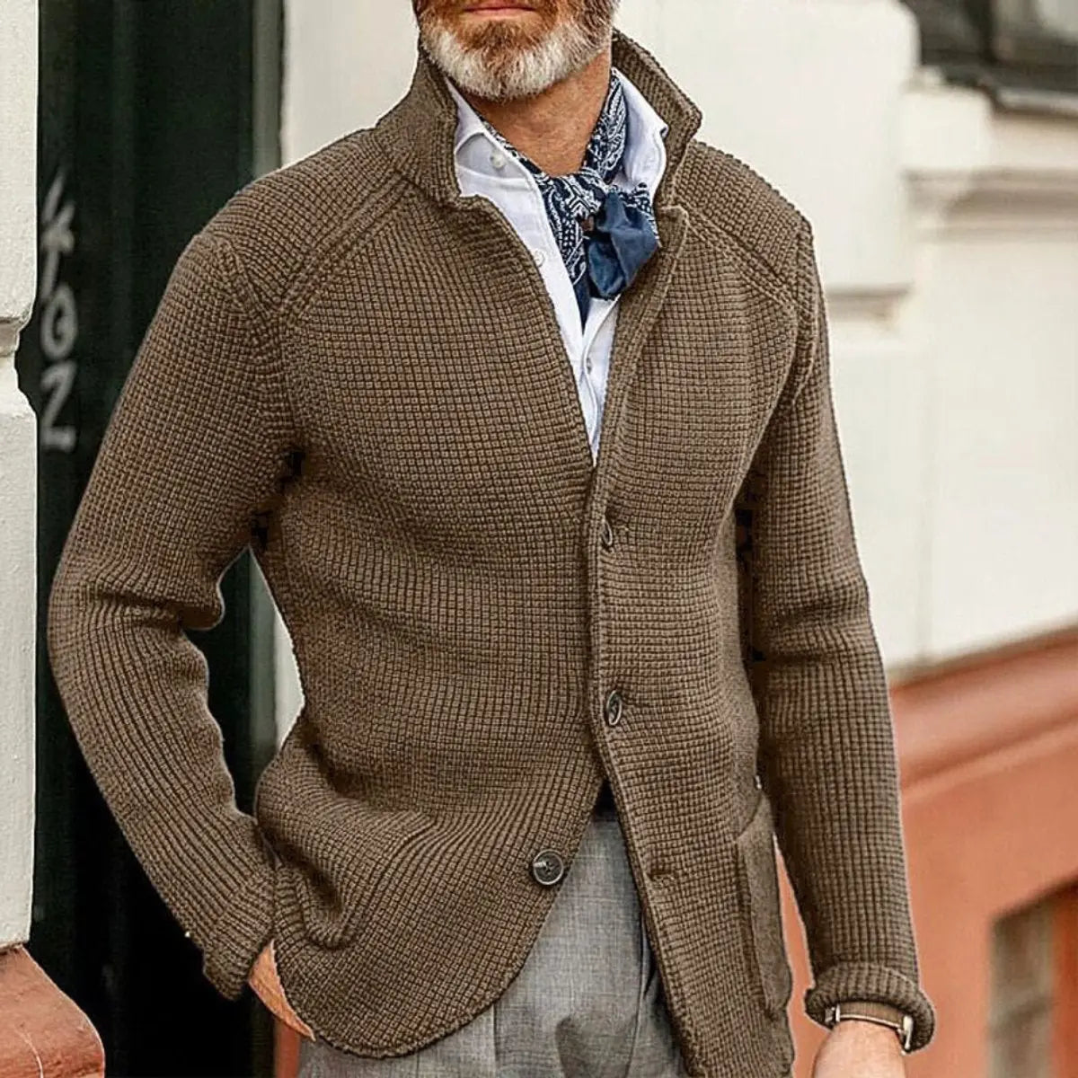 Mens Waffle-Knit Button-Up Cardigan Relaxed Fit Jumper