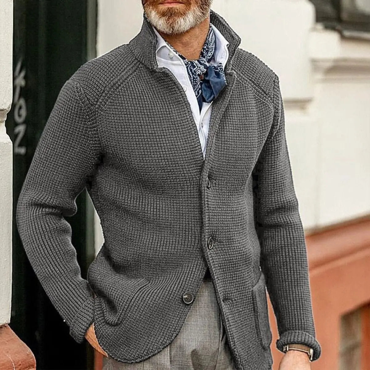 Mens Waffle-Knit Button-Up Cardigan Relaxed Fit Jumper