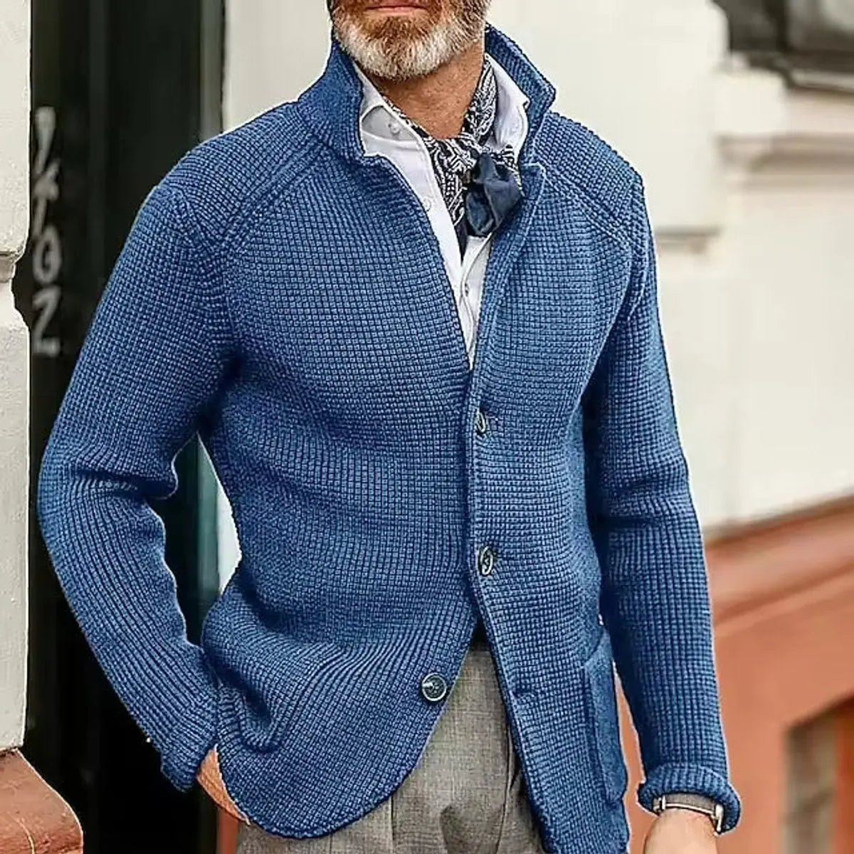 Mens Waffle-Knit Button-Up Cardigan Relaxed Fit Jumper