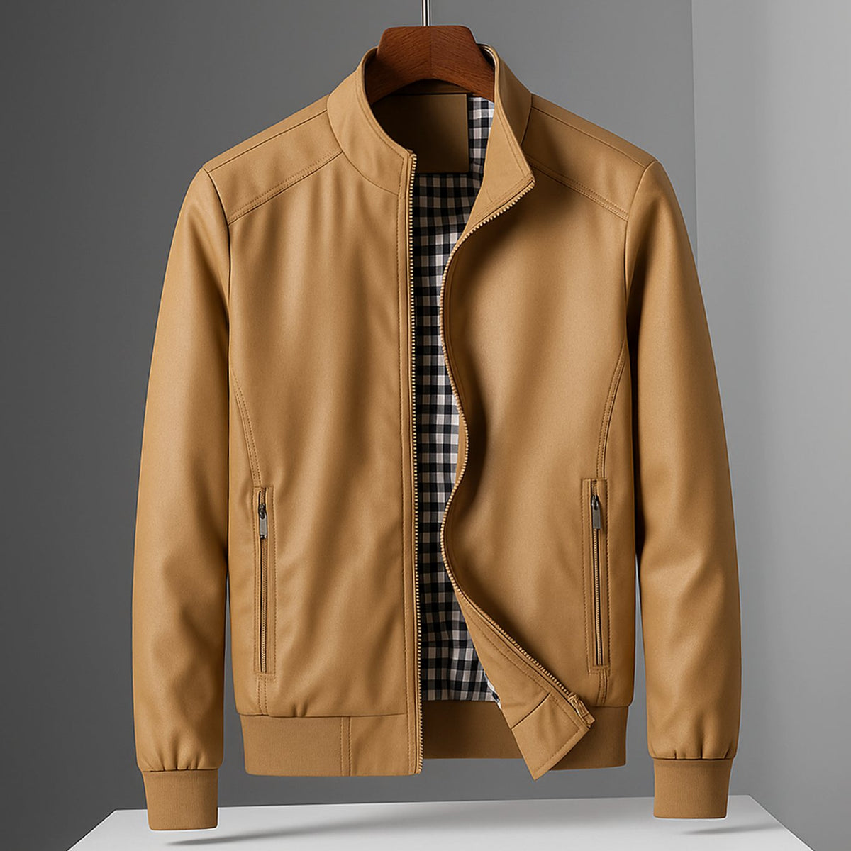 Men's Weather-Resistant Zip-Up Bomber Jacket Checked Lining