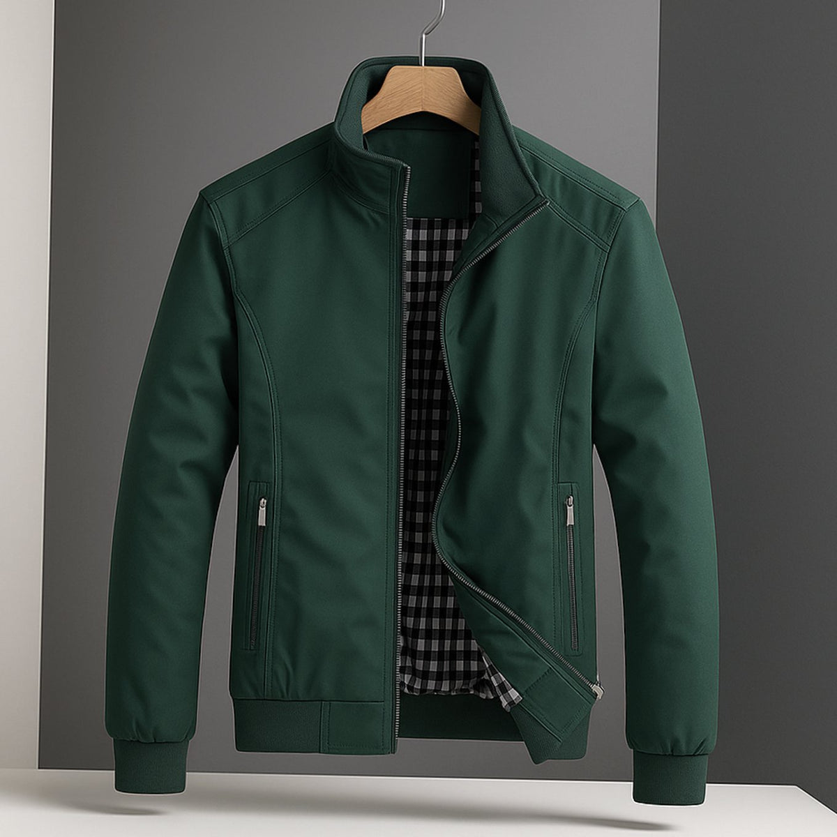 Men's Weather-Resistant Zip-Up Bomber Jacket Checked Lining