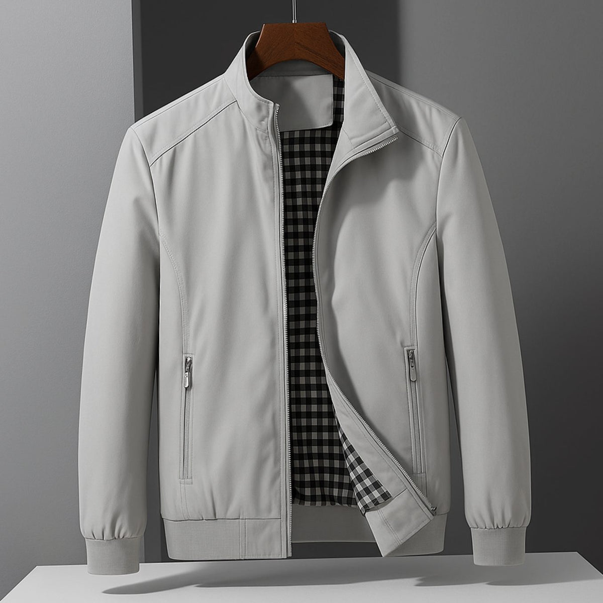 Men's Weather-Resistant Zip-Up Bomber Jacket Checked Lining
