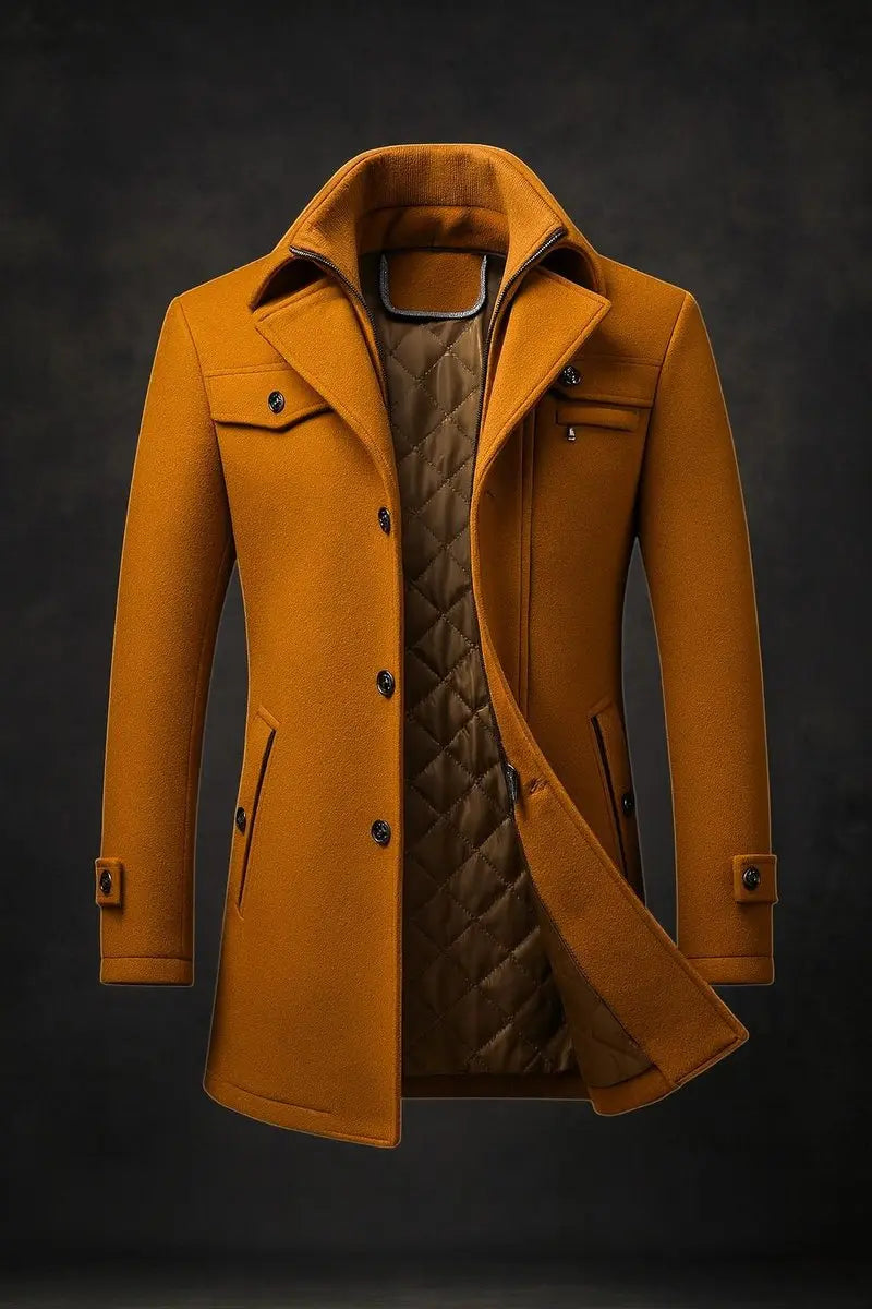 Men's Wool Coat Double-Collar Quilted-Lined Overcoat