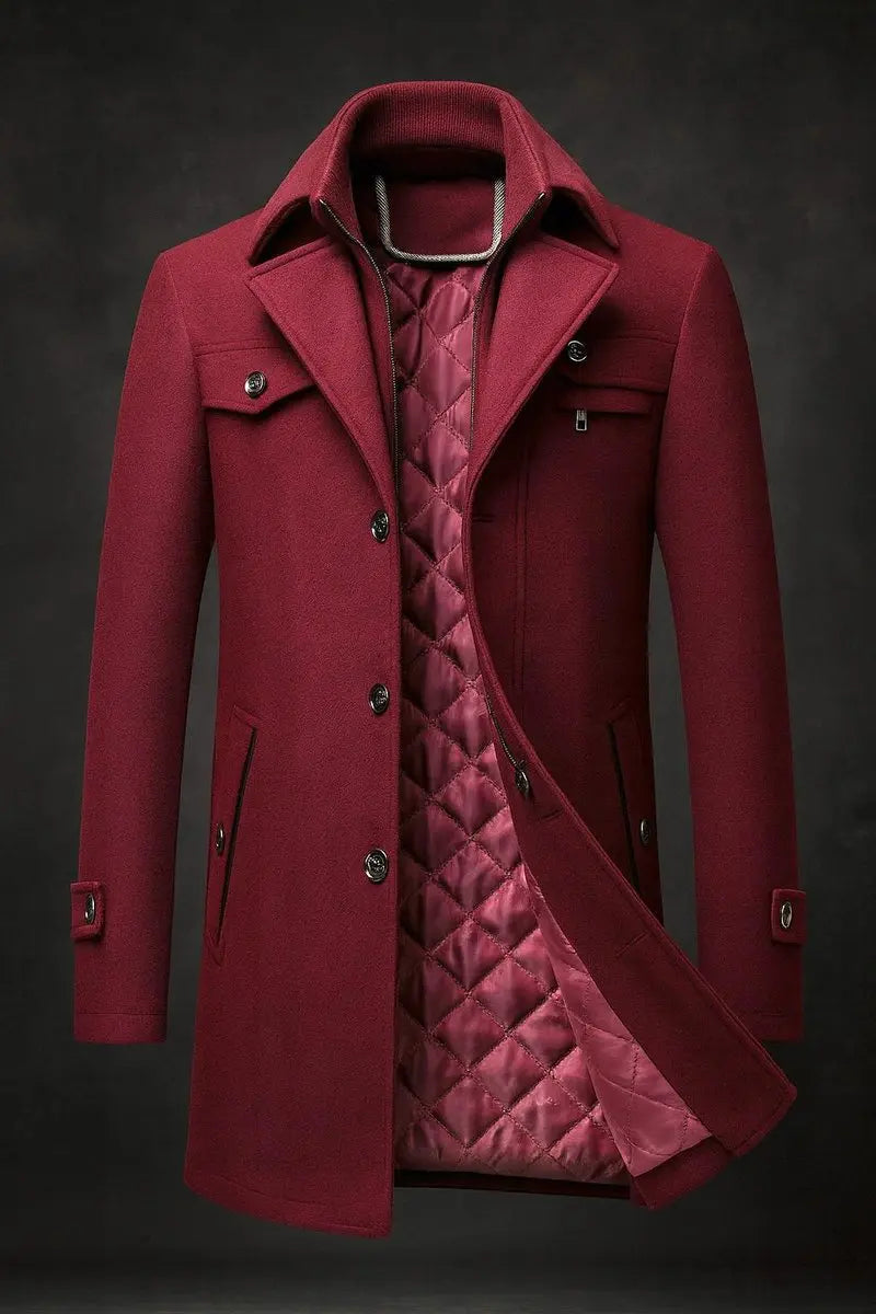 Men's Wool Coat Double-Collar Quilted-Lined Overcoat