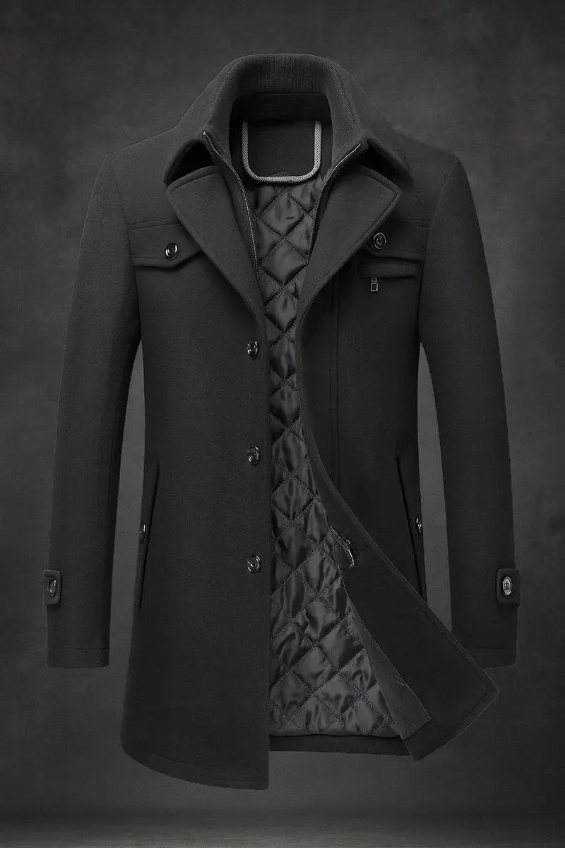Men's Wool Coat Double-Collar Quilted-Lined Overcoat