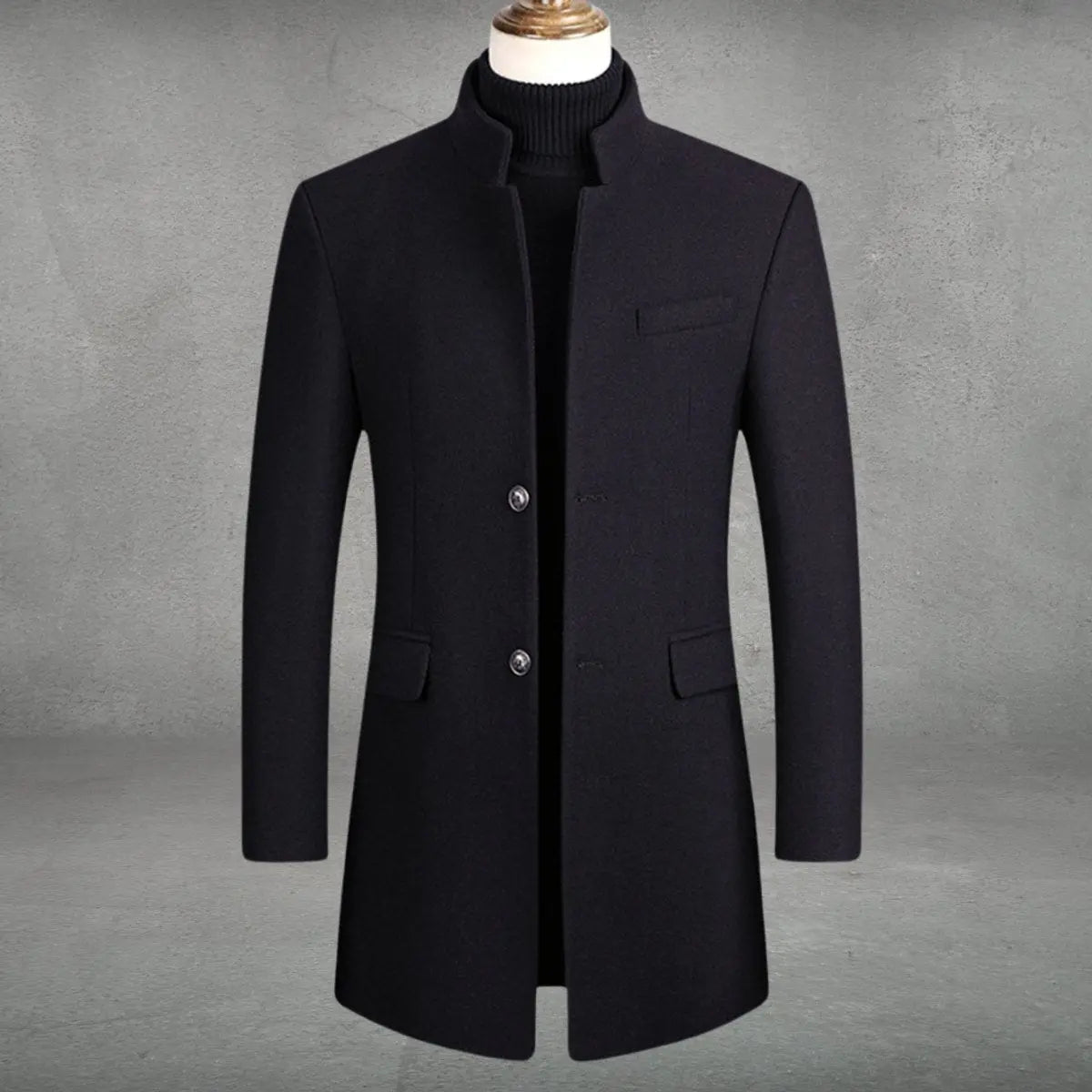 Mens Wool Coat Slim-Fit Tailored Overcoat Standing Collar