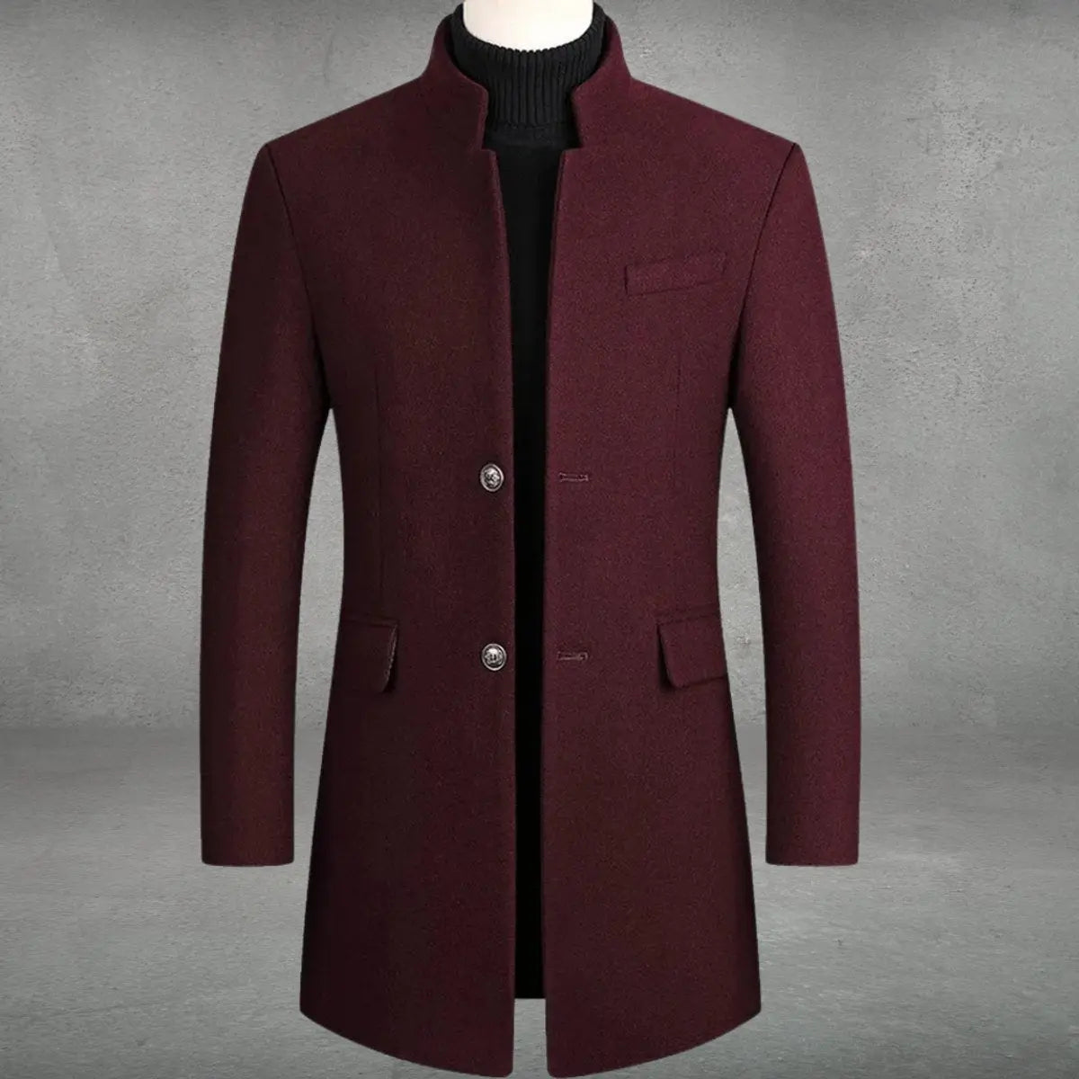Mens Wool Coat Slim-Fit Tailored Overcoat Standing Collar