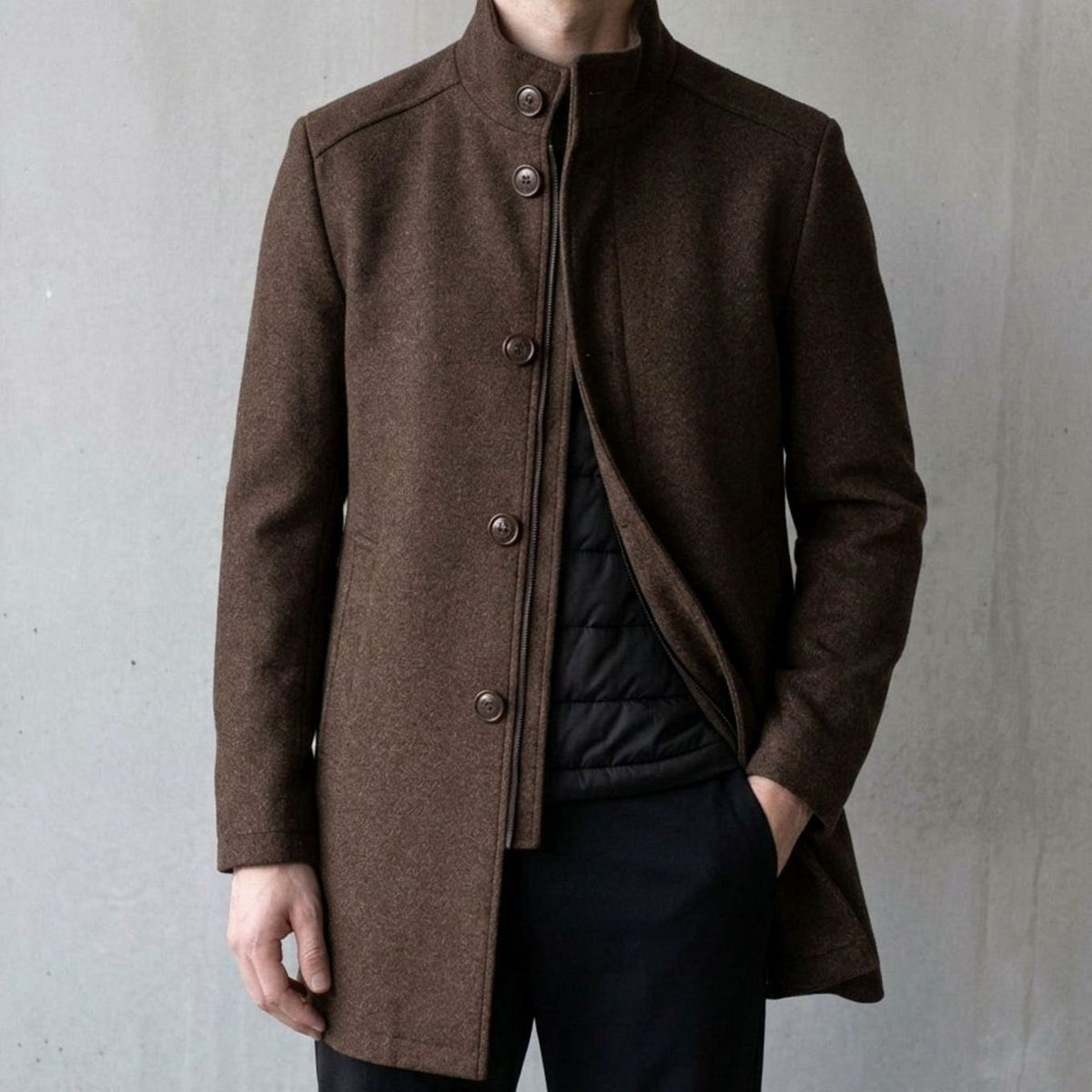 Men's Wool Insulated Button-Up Overcoat Stand Collar