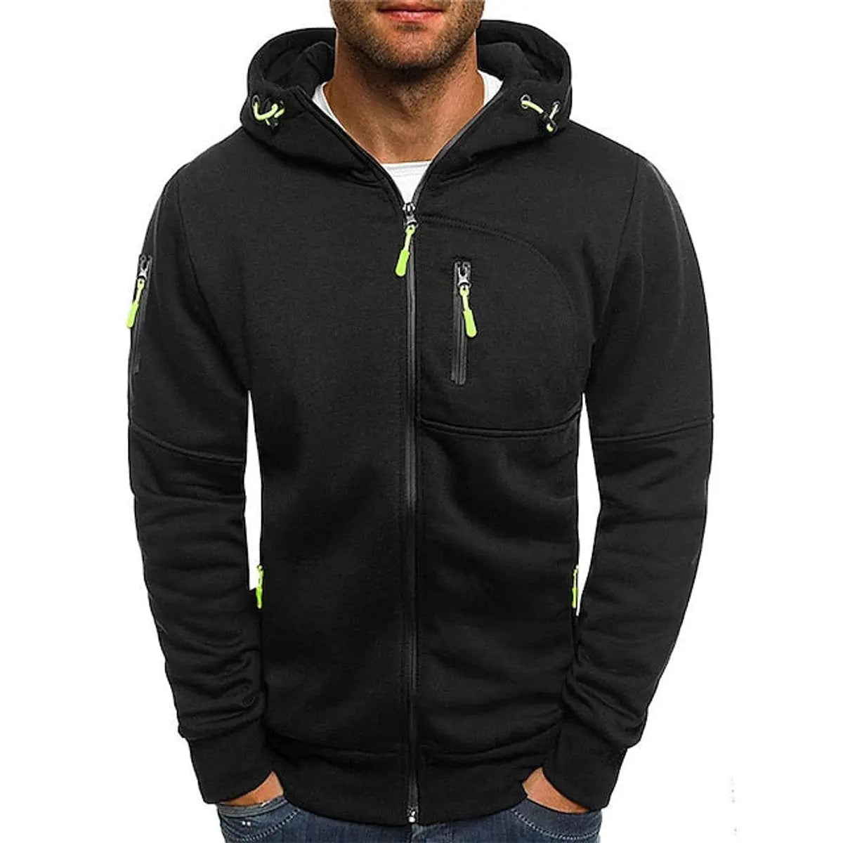 Mens Zip-Up Hooded Knit Sweater Fleece Hoodie Multi-Pocket