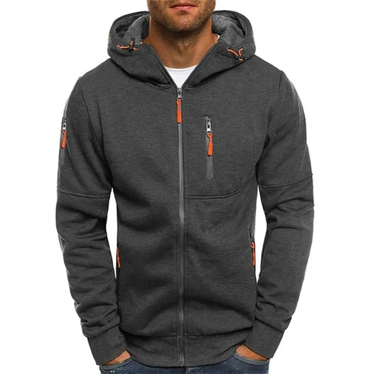 Mens Zip-Up Hooded Knit Sweater Fleece Hoodie Multi-Pocket