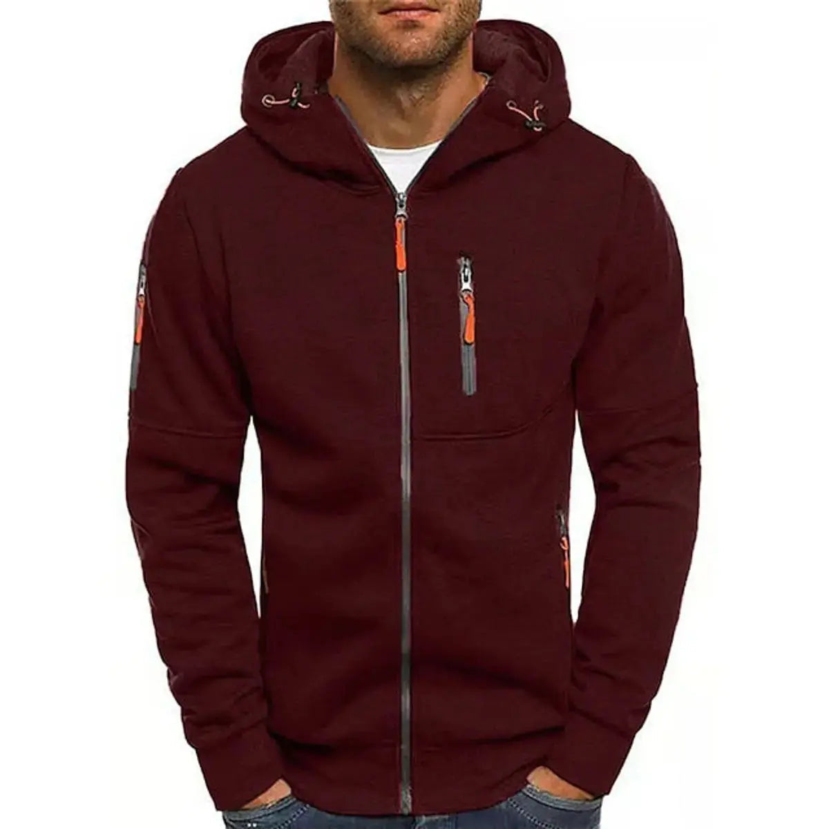 Mens Zip-Up Hooded Knit Sweater Fleece Hoodie Multi-Pocket