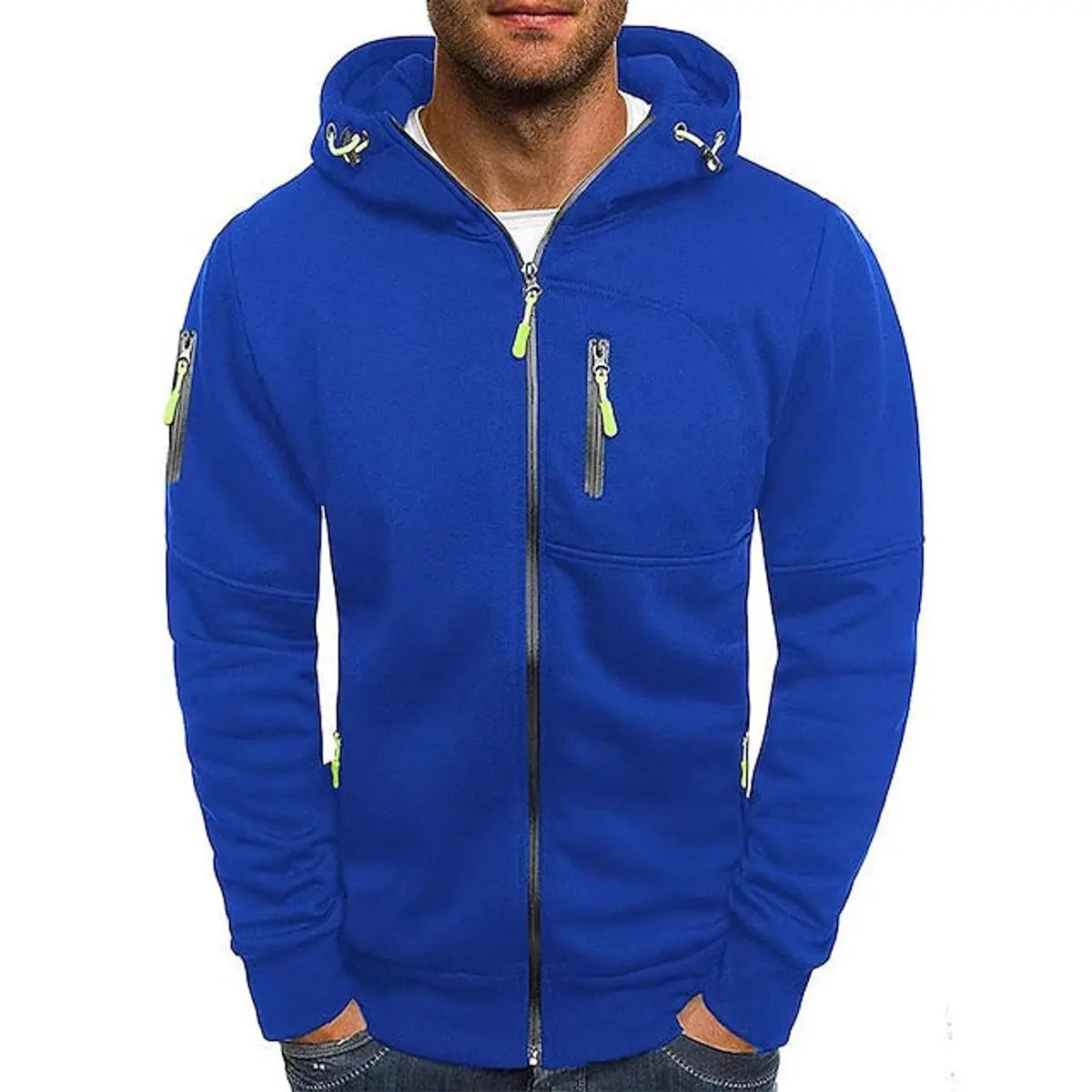 Mens Zip-Up Hooded Knit Sweater Fleece Hoodie Multi-Pocket