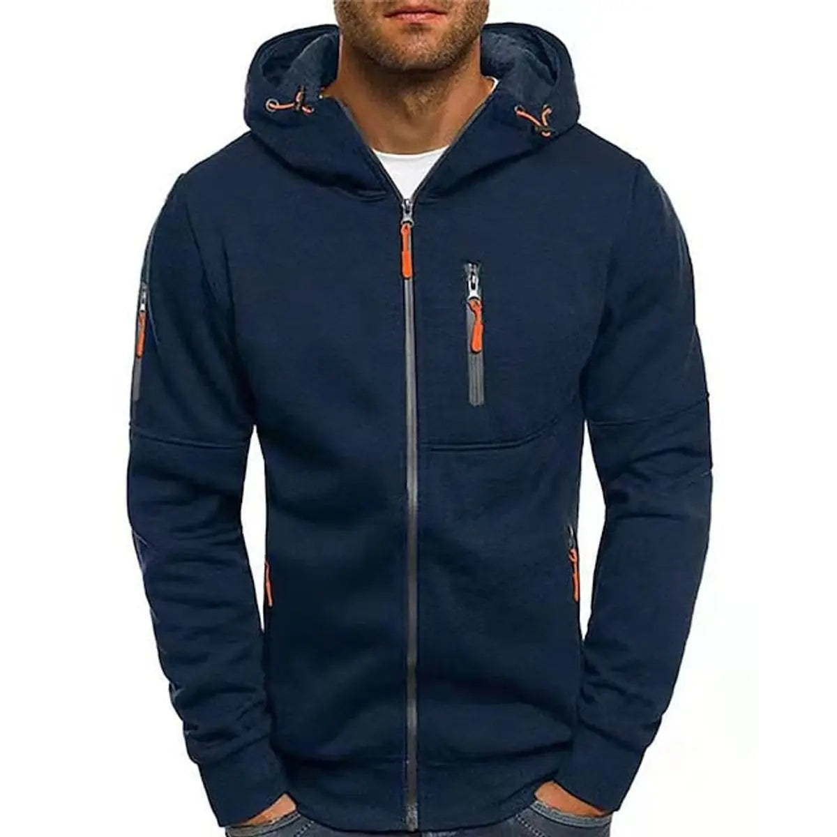 Mens Zip-Up Hooded Knit Sweater Fleece Hoodie Multi-Pocket