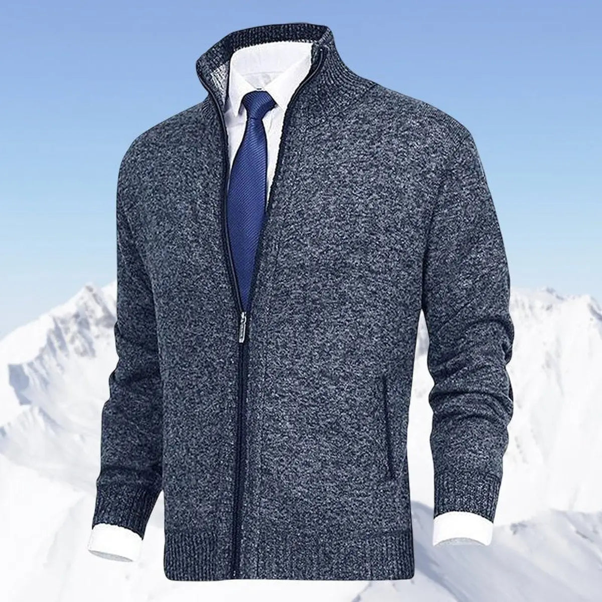 Men's Zip-Up Knit Fleece-Lined Mens Cardigan Jumper Stand Collar