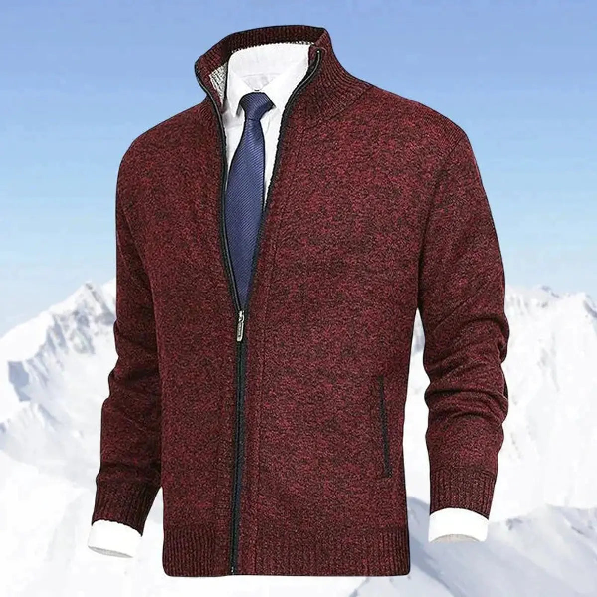 Men's Zip-Up Knit Fleece-Lined Mens Cardigan Jumper Stand Collar