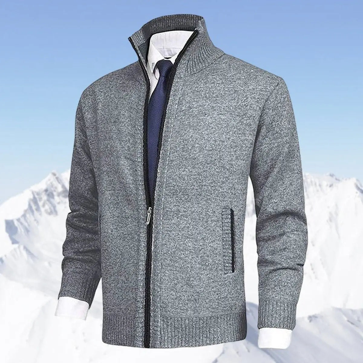 Men's Zip-Up Knit Fleece-Lined Mens Cardigan Jumper Stand Collar