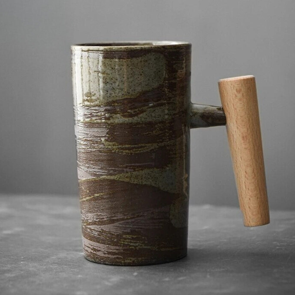 Nordic Earthy Ceramic Wood Handle Latte Coffee Mug
