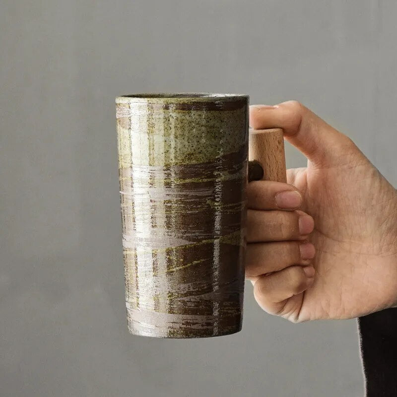 Nordic Earthy Ceramic Wood Handle Latte Coffee Mug