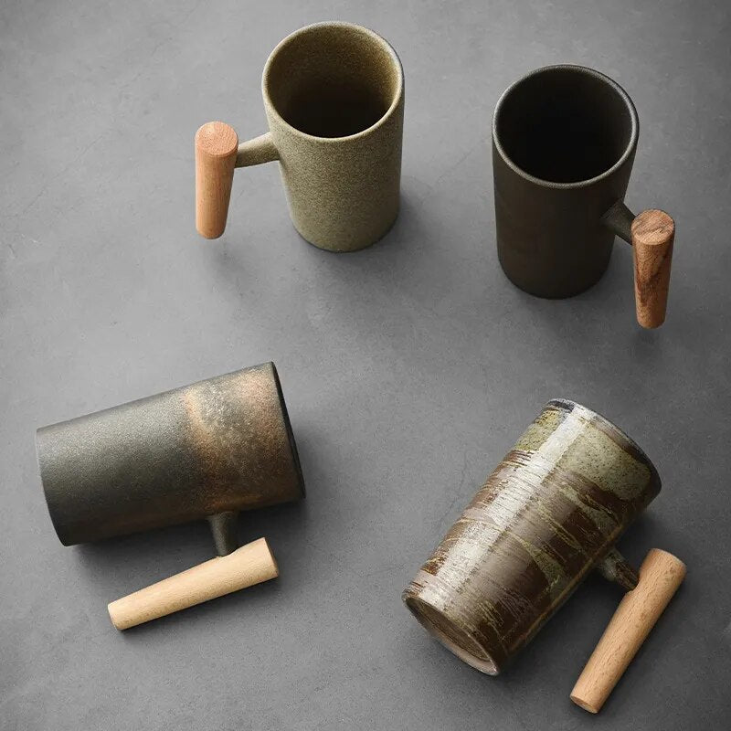 Nordic Earthy Ceramic Wood Handle Latte Coffee Mug