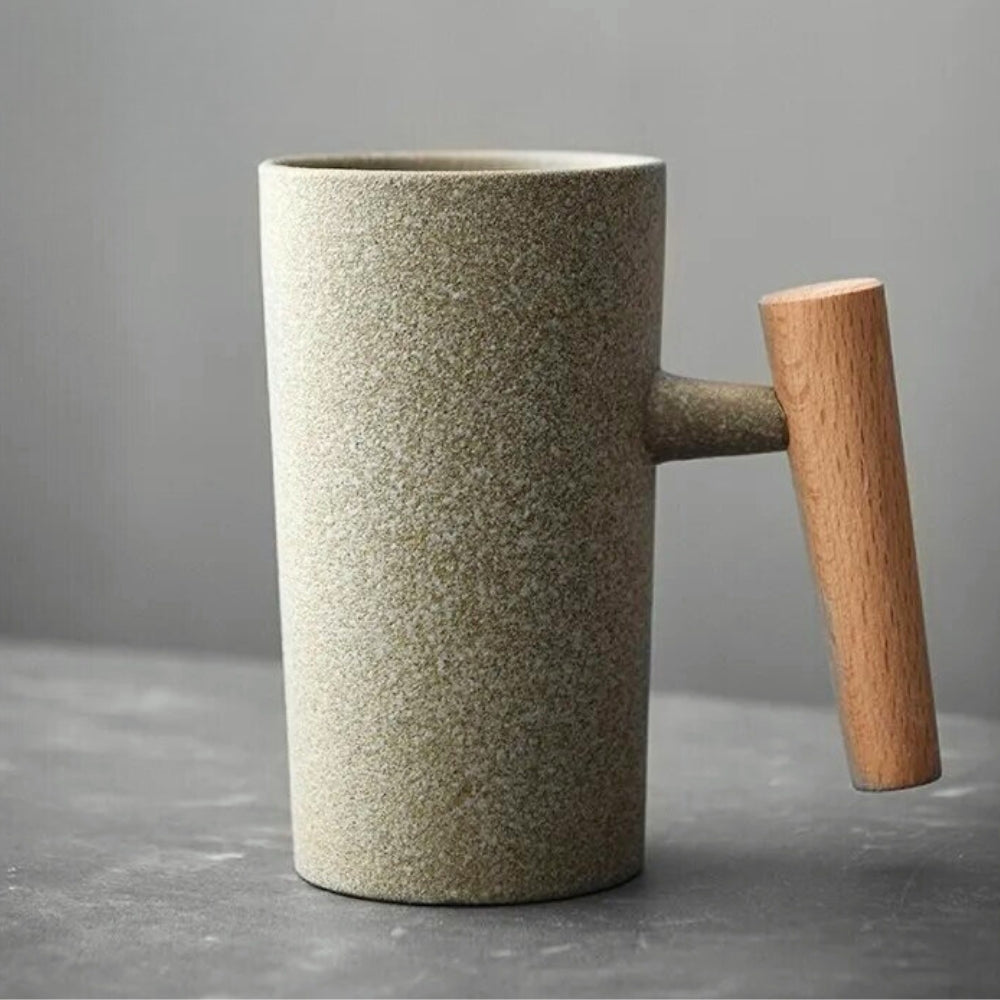 Nordic Earthy Ceramic Wood Handle Latte Coffee Mug