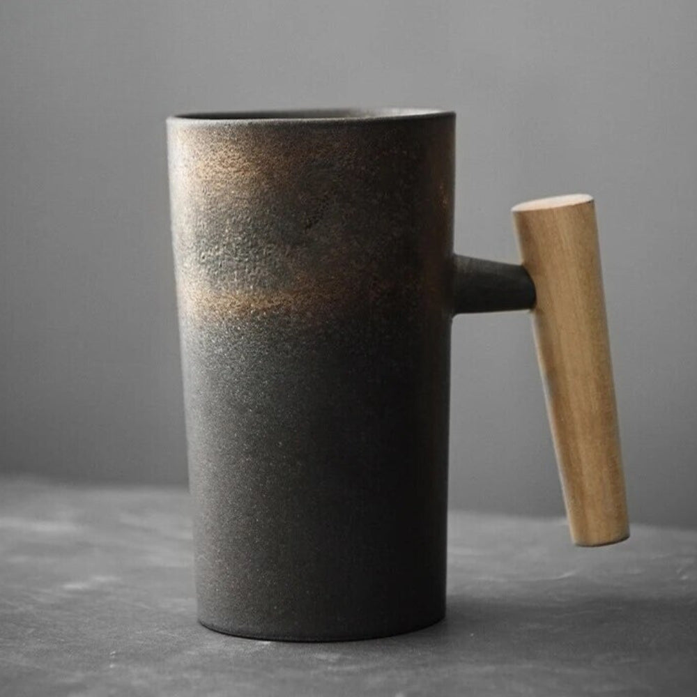 Nordic Earthy Ceramic Wood Handle Latte Coffee Mug