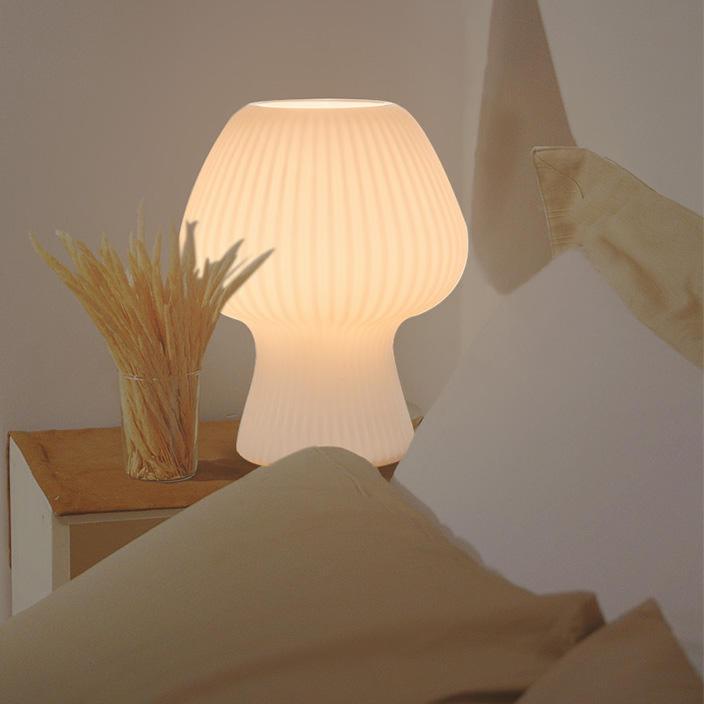 Vintage Ribbed Glass Mushroom Bedside Table Lamp