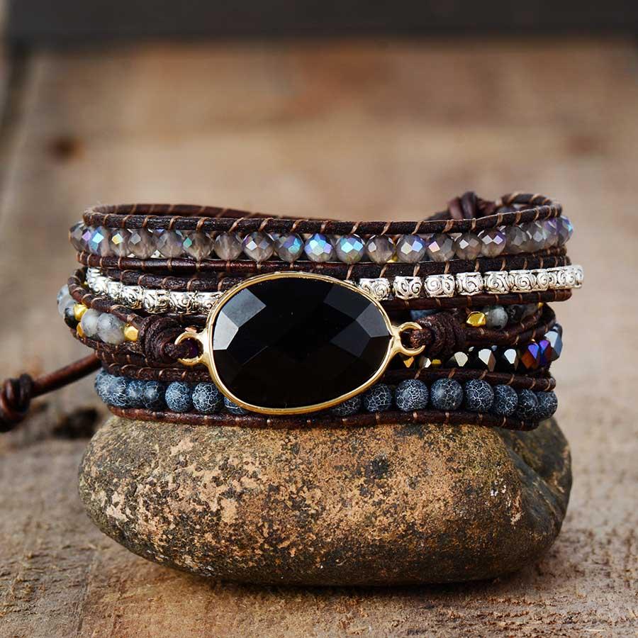 Handcrafted Onyx Quartz Stone Adjustable Leather Wrap Bracelet