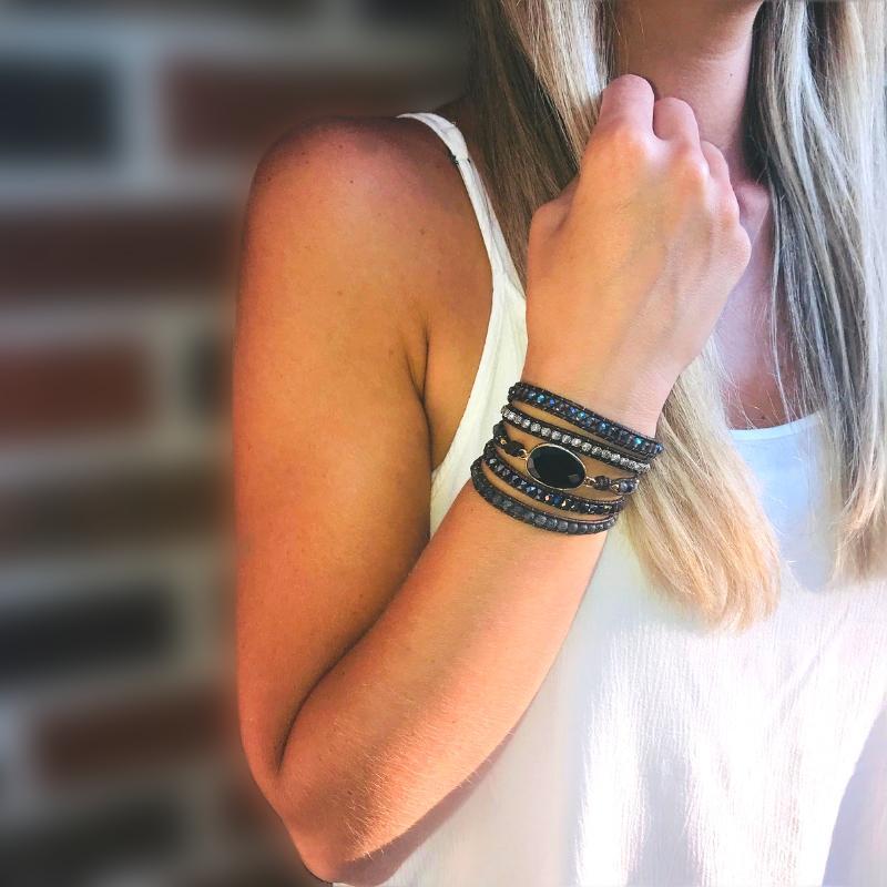 Handcrafted Onyx Quartz Stone Adjustable Leather Wrap Bracelet