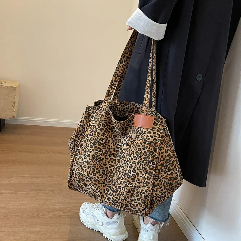 Oversized Canvas Leopard Print Spacious Shoulder Tote Bag