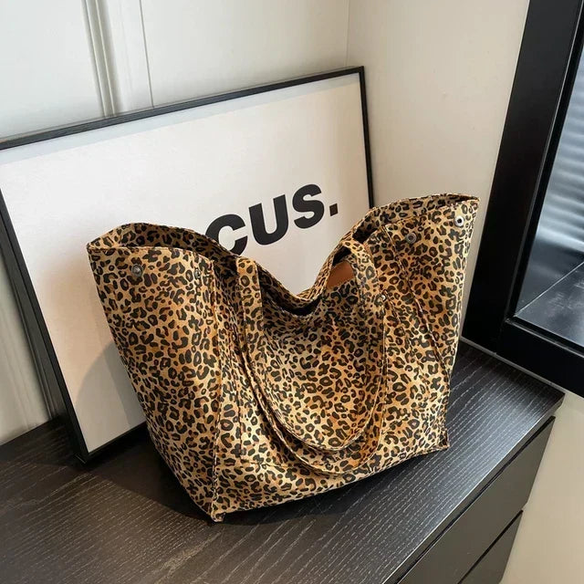 Oversized Canvas Leopard Print Spacious Shoulder Tote Bag