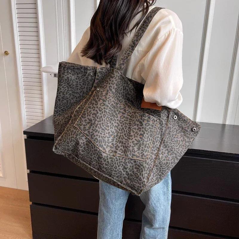 Oversized Canvas Leopard Print Spacious Shoulder Tote Bag