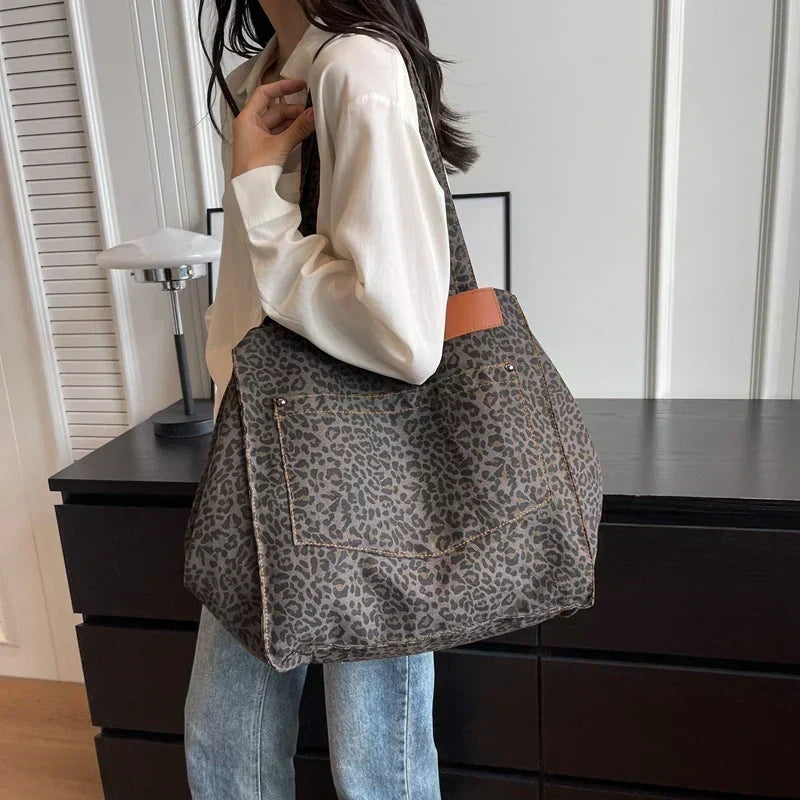 Oversized Canvas Leopard Print Spacious Shoulder Tote Bag