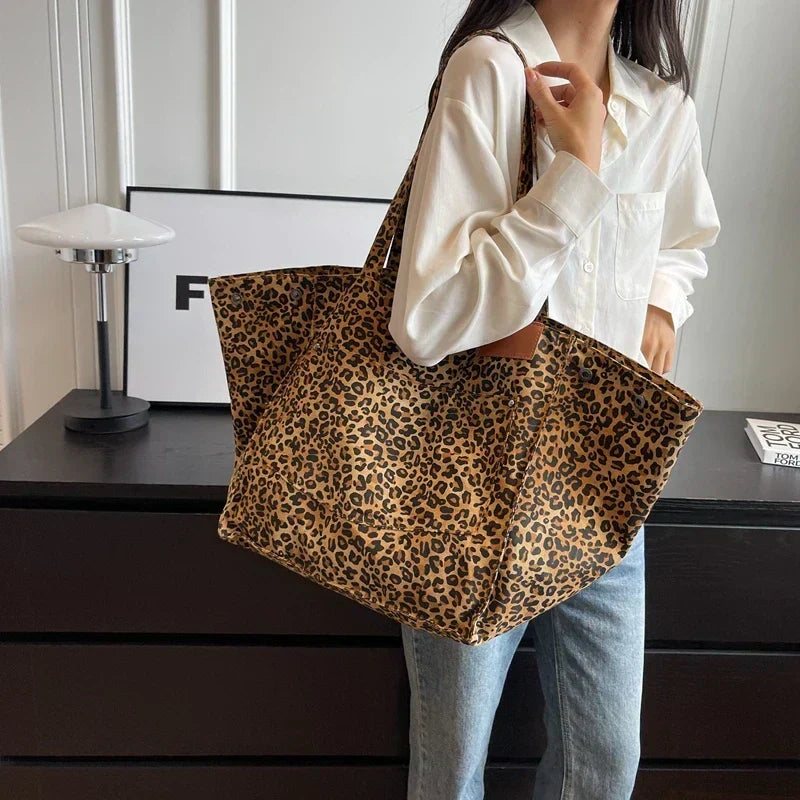 Oversized Canvas Leopard Print Spacious Shoulder Tote Bag