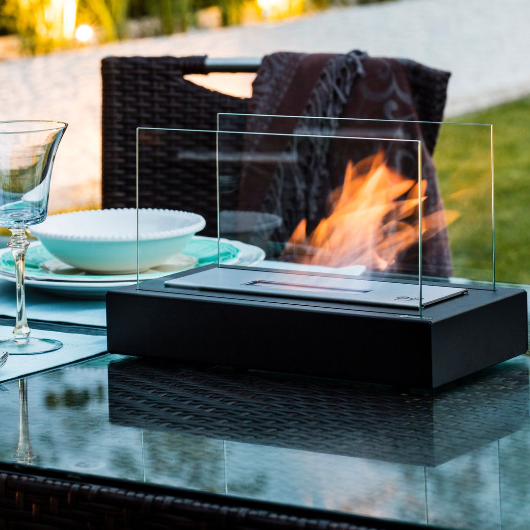 Rectangular Glass Wall Metal Base Portable Tabletop Fireplace Table Lamp