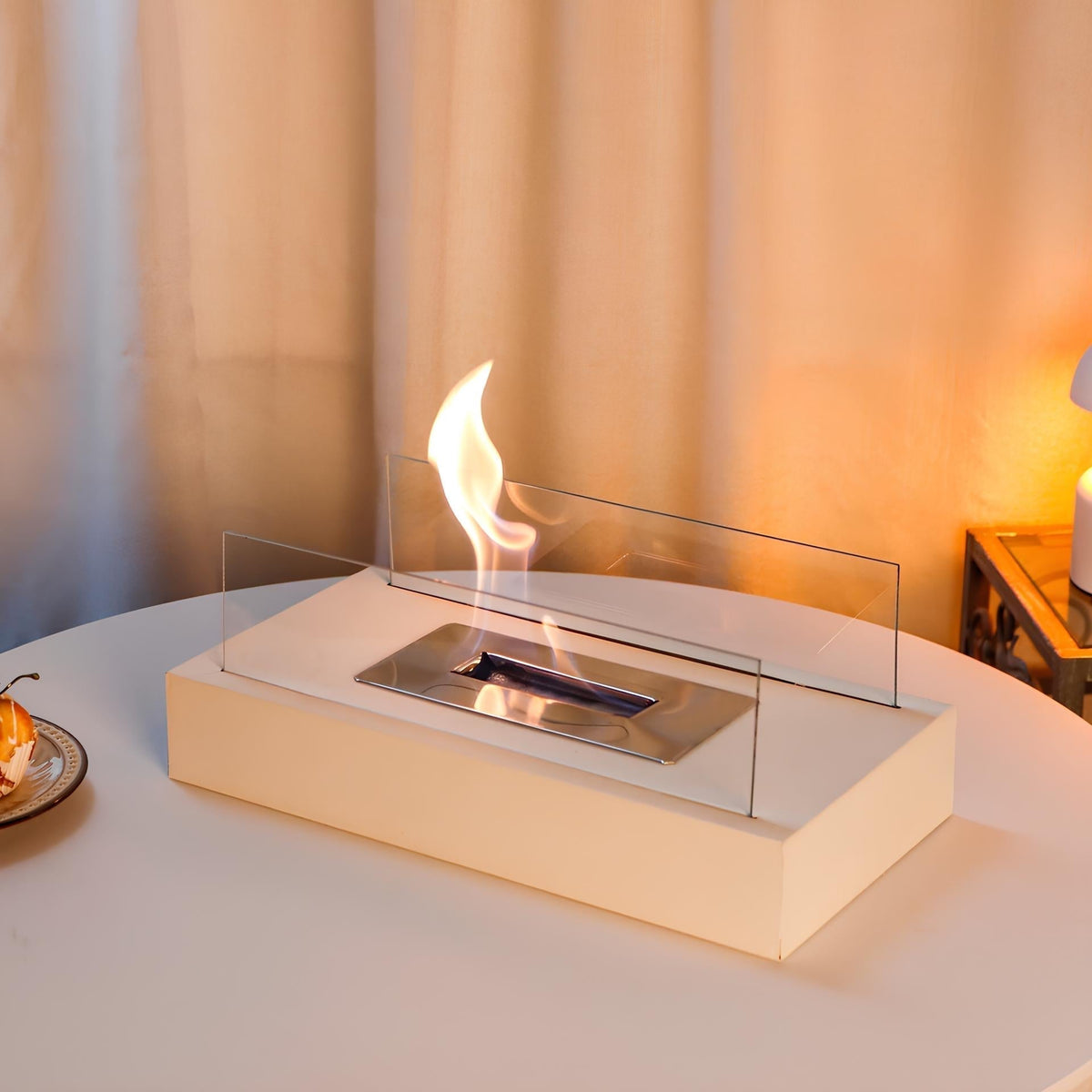 Rectangular Glass Wall Metal Base Portable Tabletop Fireplace Table Lamp