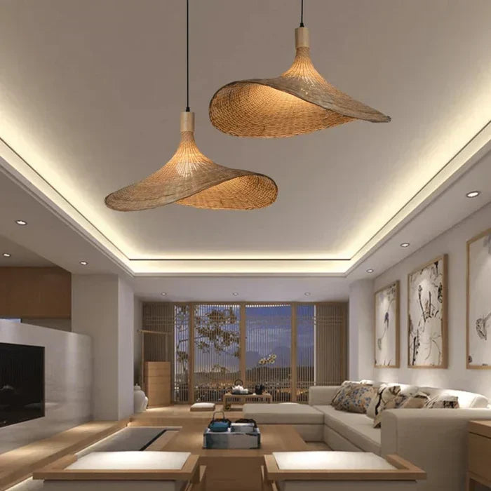 Rustic Woven Reed Dome Hanging Pendant Light