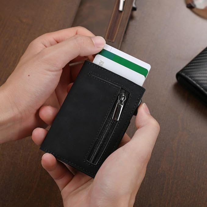 Slim Leather Aluminum Push-Button Card Slide RFID-Blocking Wallet