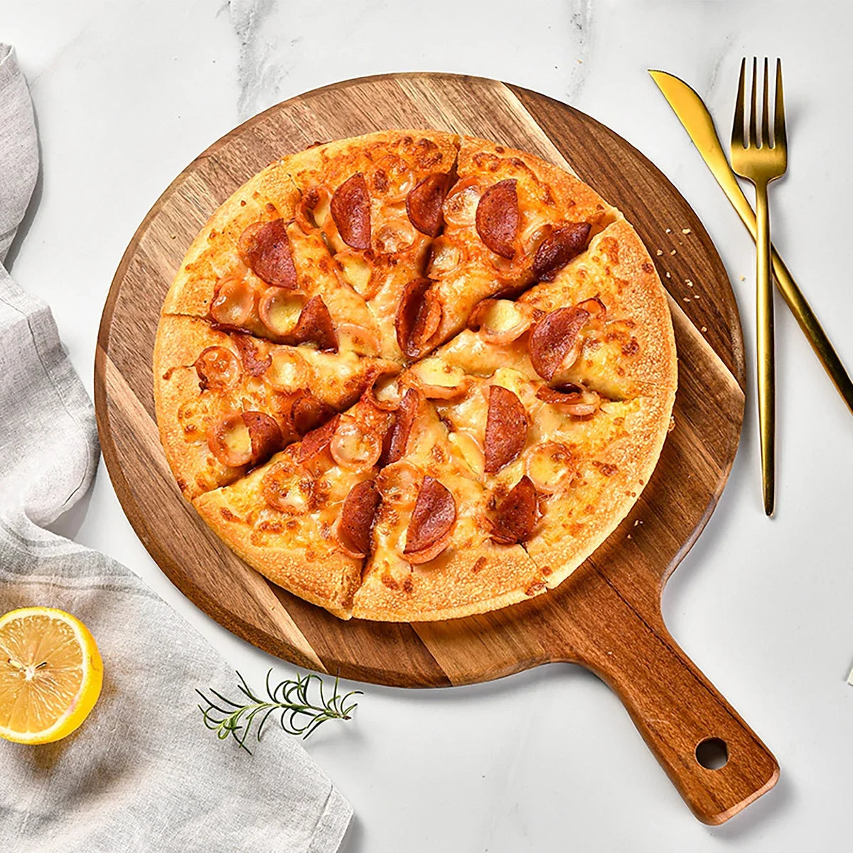 Round Natural Grain Acacia Wood Cutting and Serving Board With Handle