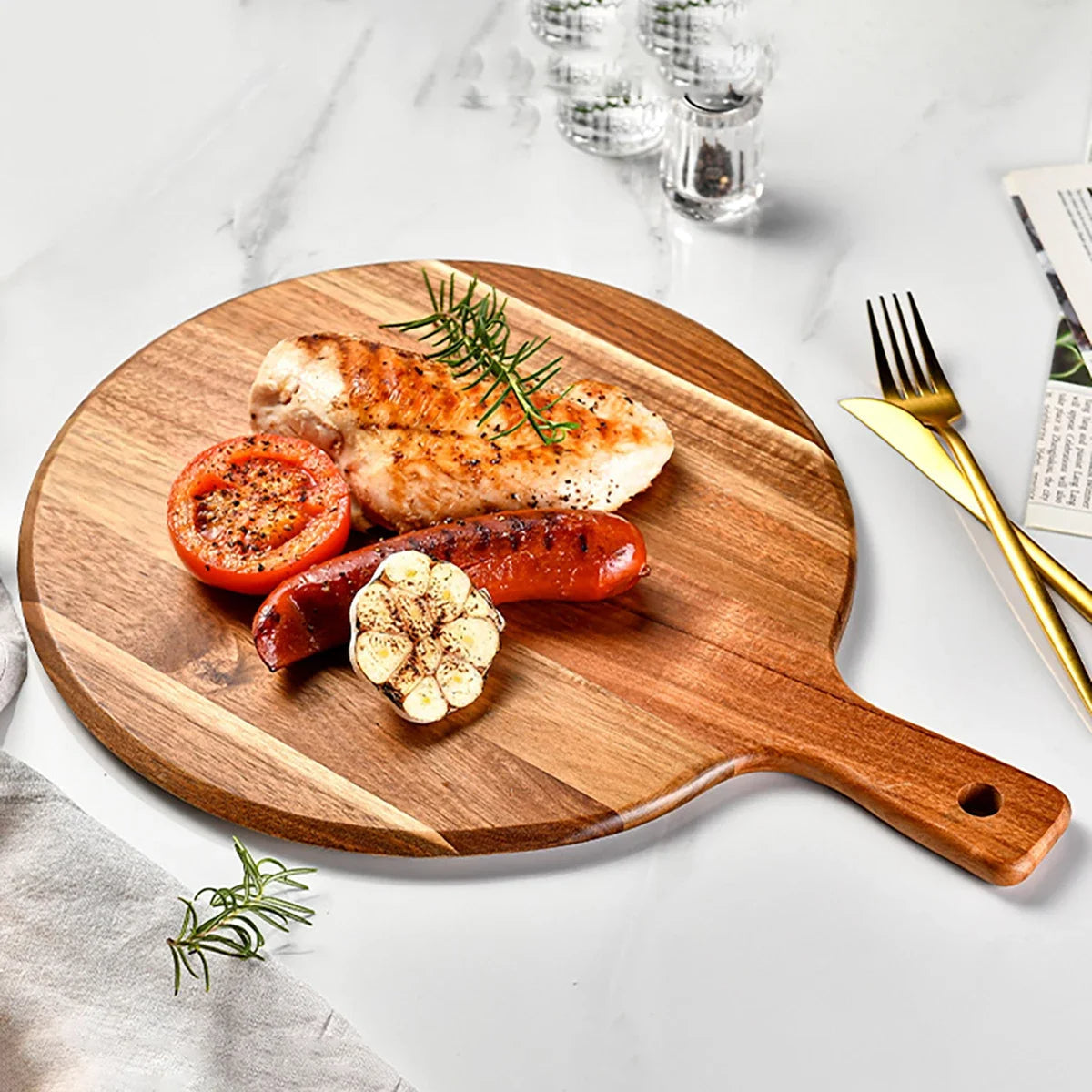 Round Natural Grain Acacia Wood Cutting and Serving Board With Handle